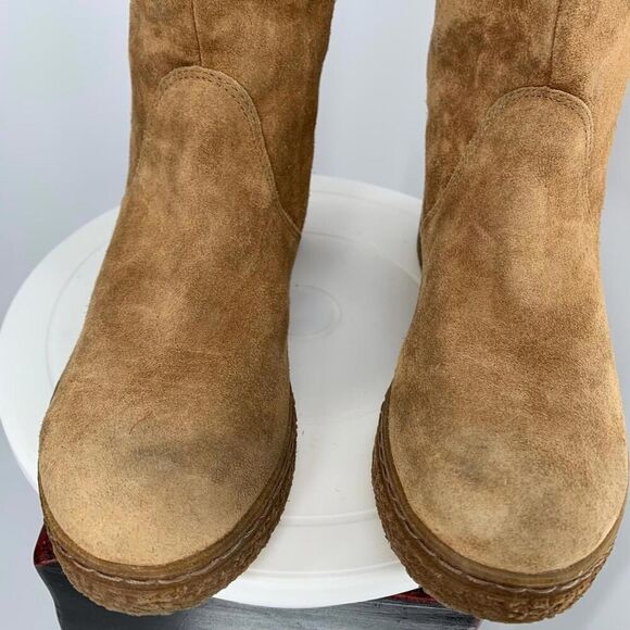 ELENA made in Italy genuine suede leather rabbit fur trim boots 7 wedge platform - Picture 3 of 11